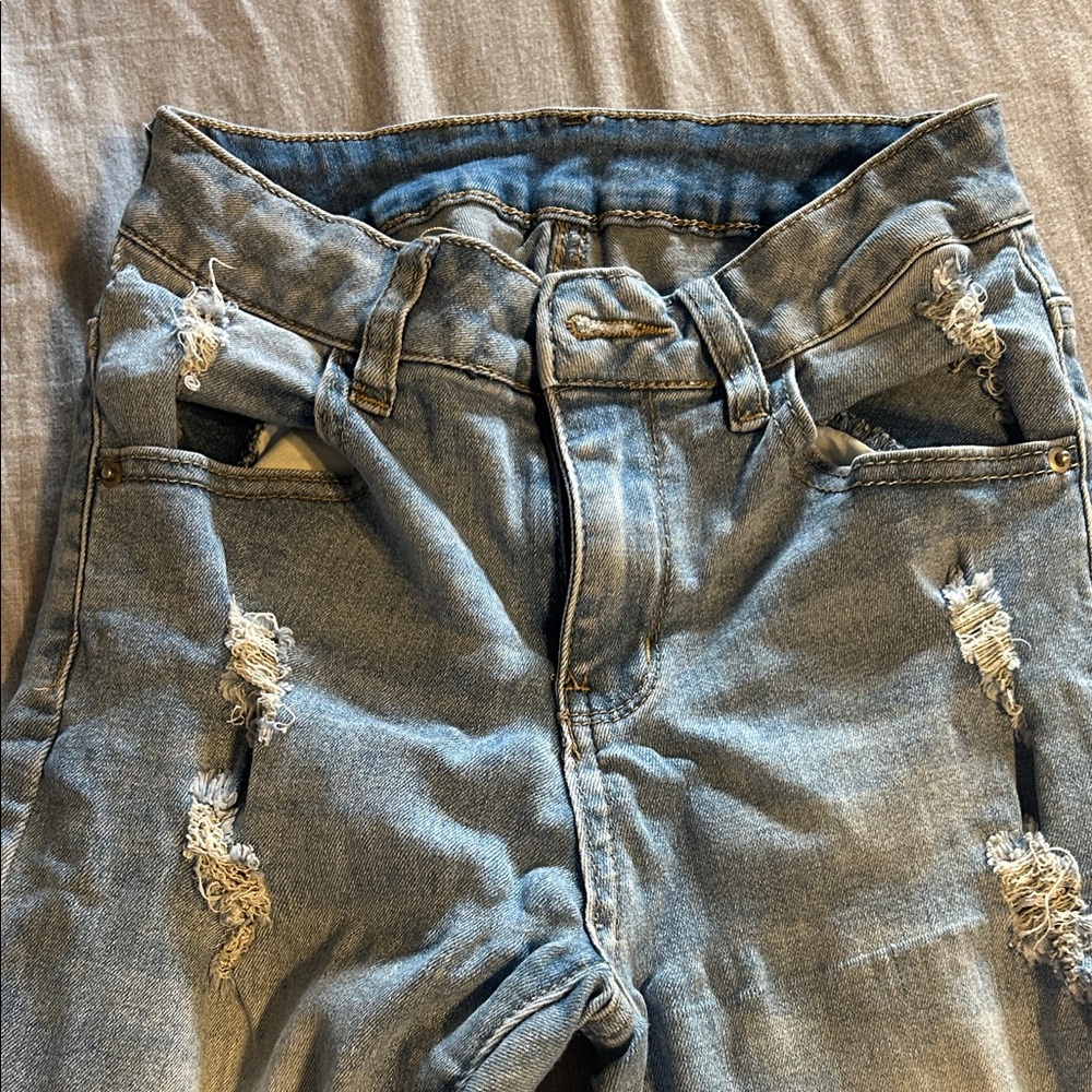 SHEIN High Rise Distressed Light Blue Jeans